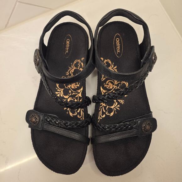 Aetrex Jillian Black Braided Leather Comfort Sandals Women’s 9 Orthotic - Picture 4 of 6
